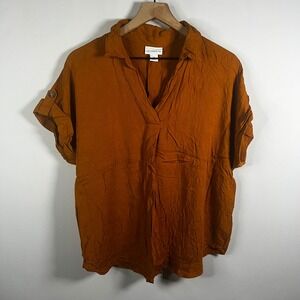 Liz Claiborne Shirt Women XL Rust Orange Collared Roll Tab‎ Short Sleeve Blouse